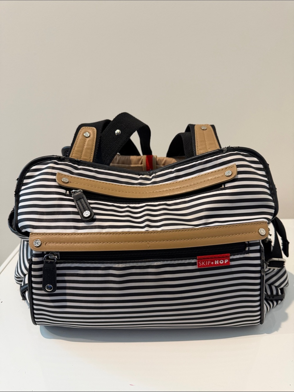 Skip Hop Black & White Striped Diaper Bag with Tan Trim